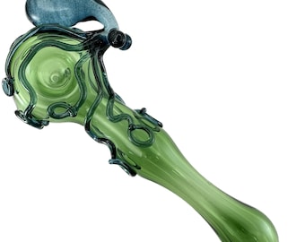 Octopus Glass Pipe. Large Pyrex Hand Blown Emerald Green spoon with Flamework Blue Stardust octopi. You Choose the Color. Made to Order