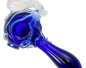 Octopus Glass Pipe. Hand Blown Boro Pyrex Cobalt Blue Spoon and Secret White Octopi. You Choose the Color and Made to Order.