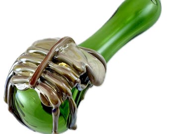 Facehugger Alien Glass Pipe.  Thick Hand Blown Emerald Green Spoon with Sci Fi Heady Flamework Caramel Xenomorph. Custom Made to Order