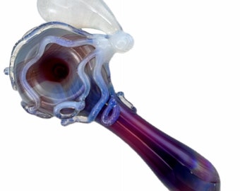 Octopus Glass Pipe. Hand Blown Boro Pyrex Amber Purple Spoon and Secret White Octopi. Made to Order.