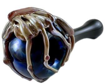 Facehugger Alien Glass Pipe.  Thick Hand Blown Black Spoon with Sci Fi Heady Flamework Caramel Xenomorph. Customizable Made to Order
