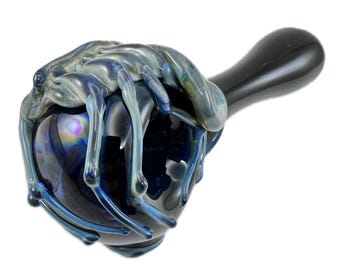 Facehugger Alien Glass Pipe.  Thick Hand Blown Black Spoon with Sci Fi Heady Flamework Silver Amethyst Xenomorph. Made to Order
