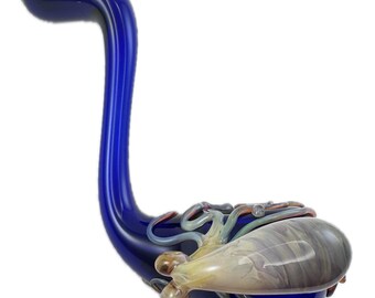 Octopus Sherlock Glass Pipe. Custom Hand Blown Cobalt Blue Sherlock with flamework Triple Passion Octopi.  Made to Order.