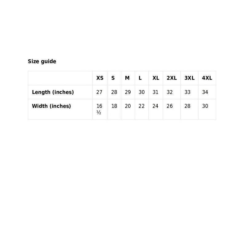 The image is a size guide that provides measurements for different sizes, including XS, S, M, L, XL, 2XL, 3XL, and 4XL. The guide includes a table with the corresponding length (in inches) and width (in inches) measurements for each size.
