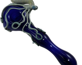 Octopus Glass Pipe. Large Pyrex Hand Blown Cobalt Blue Spoon  with Flamework Silver Amethyst Octopi. Made to Order.