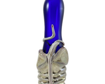Facehugger Alien Glass Chillum Pipe.  Hand Blown Cobalt Blue Bat with Flamework Caramel Xenomorph. Choose the Color. Made to Order