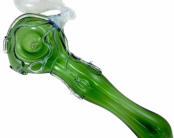 Octopus Glass Pipe. Large Pyrex Hand Blown Emerald Green spoon with Flamework secret white octopi. You Choose the Color. Made to Order