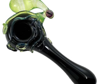 Hand Blown Glass Octopus Pipe, Black Spoon with Real Eyes (Custom Colors)