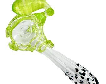 Octopus Glass Pipe. Hand Blown Boro Clear Pyrex Spoon with Flamework Slyme Octopi and fade to black doted mouthpiece. Ready to ship