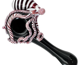 Octopus Glass Pipe. Hand Blown Boro Pyrex Black Spoon and Candy Cane Octopi. You Choose the Color and Made to Order.