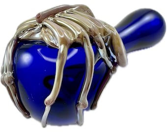 Facehugger Alien Glass Pipe.  Thick Hand Blown Cobalt Blue Spoon with Sci Fi Heady Flamework Caramel Xenomorph. Custom Made to Order