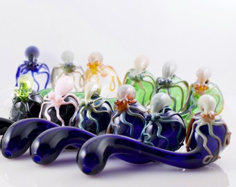 Octopus Glass Pipe. Large Heady Sherlock Pyrex Smoking Sealife themed artwork with Flamework Octopi.  You Choose the Color. Made to Order