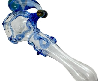 Octopus Glass Pipe Spoon.  Large Hand Blown Heady Tobacco Pyrex with Light Cobalt Octopi. Ready to ship, in stock, Ships next business day.