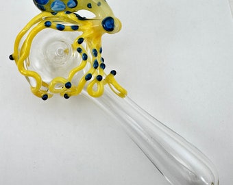 Octopus Glass Pipe Spoon. Hand Blown Heady Tobacco Pyrex with Yellow Octopi. Ready to ship, in stock, Ships next business day
