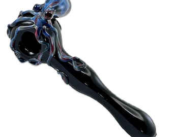 Octopus Glass Pipe. Large Pyrex Hand Blown Black Spoon. Flamework Fade to Black and Cherry Octopi. Made to Order.