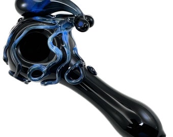 Octopus Glass Pipe. Hand Blown Boro Pyrex Black Spoon and Fade to Black Octopi. You Choose the Color and Made to Order.