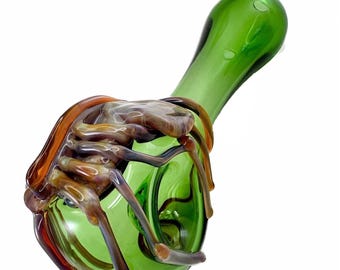 Facehugger Alien Glass Pipe.  Thick Hand Blown Emerald Green Spoon with Sci Fi Heady Flamework Triple Passion Xenomorph   Made to Order