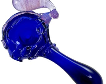 Octopus Glass Pipe. Hand Blown Boro Pyrex Cobalt Blue Spoon and Pink Slyme Octopi. Ocean Sealife Art Inspired. Custom Made to Order.