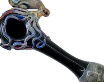 Octopus Glass Pipe Spoon. Hand Blown Heady Tobacco Pyrex Black with Triple Passion Octopi. Up grades includs Head Dots, mouth piece and eyes