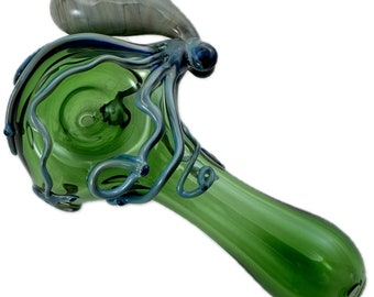 Octopus Glass Pipe. Hand Blown Boro Pyrex Emerald Green and Silver Amethyst Octopi. You Choose the Color and Made to Order.