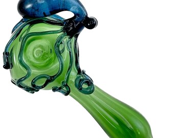 Octopus Glass Pipe. Hand Blown Boro Pyrex Black Spoon and Blue Stardust Octopi. You Choose the Color and Made to Order.