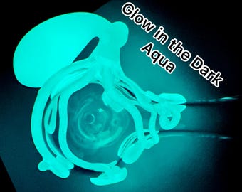 Glow-in-the-Dark Octopus Glass Pipe Hand-Blown Thick Wall Spoon in Clear Flamework Aqua Glow-in-the-Dark Octopi - Made to Order