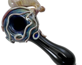 Octopus Glass Pipe Hand-Blown Boro Pyrex Black Spoon and Caramel Octopi You Choose the Color - Made to Order