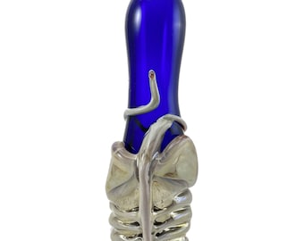 Facehugger Alien Glass Chillum Pipe.  Hand Blown Cobalt Blue Bat with Flamework Caramel Xenomorph. Choose the Color. Made to Order