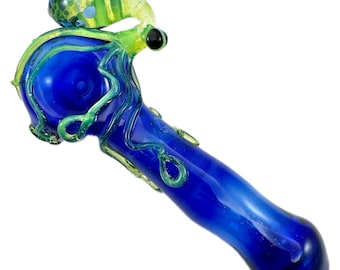 Octopus Large Glass Pipe Hand-Pulled Pyrex in Blue & Slyme