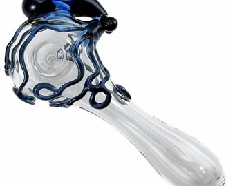 Octopus Glass Pipe. Hand Blown Boro Pyrex Clear Spoon and Fade to Black Octopi. Made to Order.