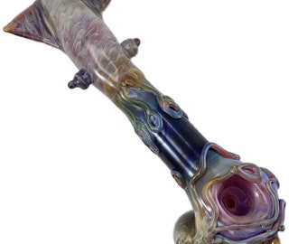 Octopus vs Squid Glass Pipe. Functional Large Hand Blown Heady Tobacco Art Amber Purple Spoon and Triple Passion Squid & Octopus.Custom made