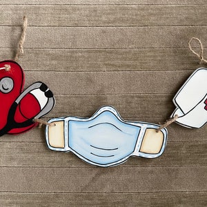 NURSE Welcome Wood 3 piece Charm with Rope for Welcome Sign or Wreath OR Your Choice of Design image 1