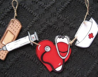 NURSE Welcome Wood 3 piece Charm with Rope for Welcome Sign or Wreath-- OR  Your Choice of Design