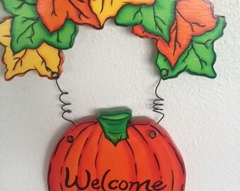 Welcome Sign with Falling Leaves and Pumpkin Painted  Decor Hanger