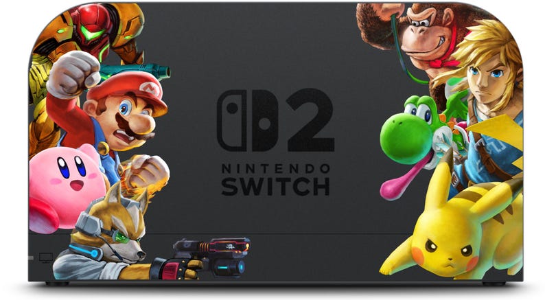 May include: A black Nintendo Switch console featuring a colorful design with various video game characters. The design includes Mario, Kirby, Pikachu, and other popular characters. The Nintendo Switch logo is visible.