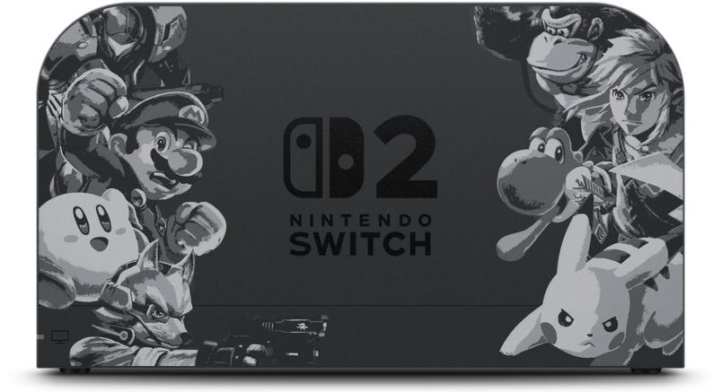 May include: A black Nintendo Switch console featuring a grayscale design with characters from various video games. The console has the Nintendo Switch logo and the number 2. Characters include Mario, Kirby, and Pikachu.