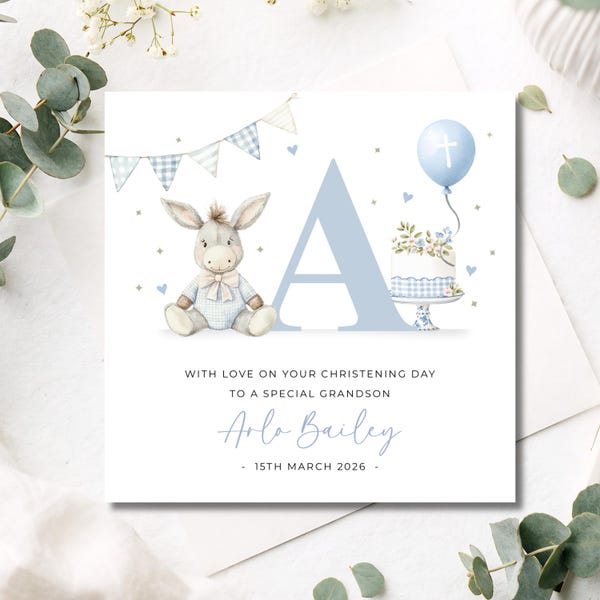 Personalised Grandson Christening Card, Great Grandson, Baby Boy Christening Card with Name & Date