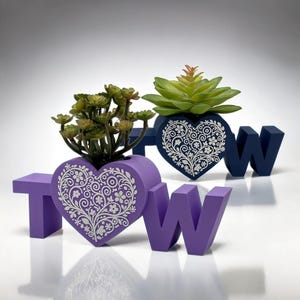 Love Heart Initials Planter | 3D Printed Initials | Custom Name | Custom Love Heart Initials | 3D Printed Heart Shaped Plant Pot - CAN