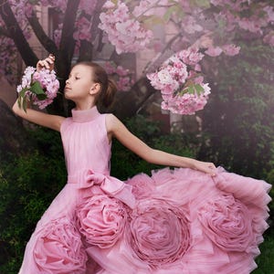Pink Flower Girl Tulle Birthday Dress, Communion Gaby Dress, Wedding Baby Girl Dress, guest, Occasion Dress Baby, Princess Birthday Dress