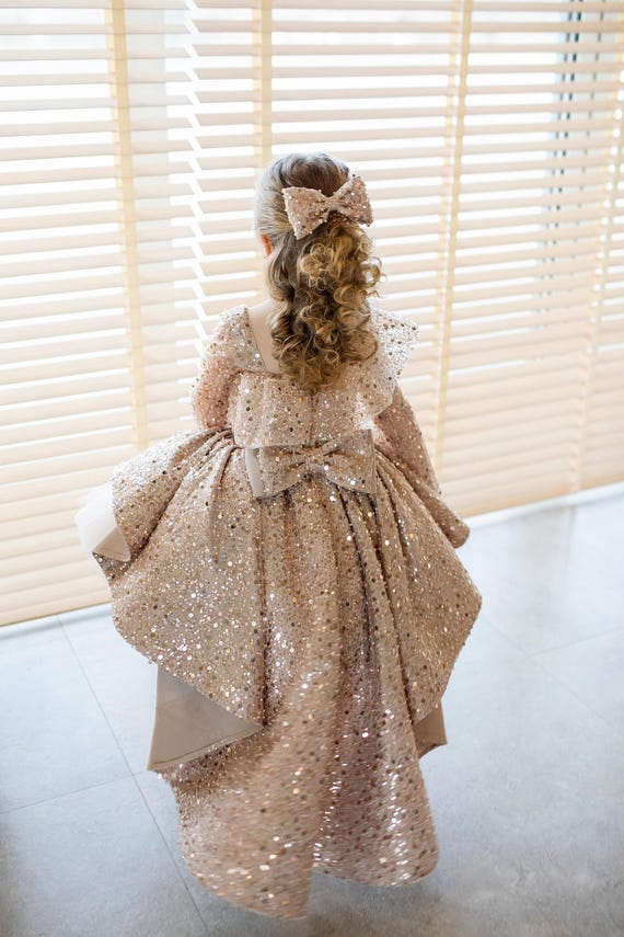 girls gold dress long sleeve Sequin Toddler | Beige Birthday & Wedding Guest Outfit | Princess Pageant Dress Set