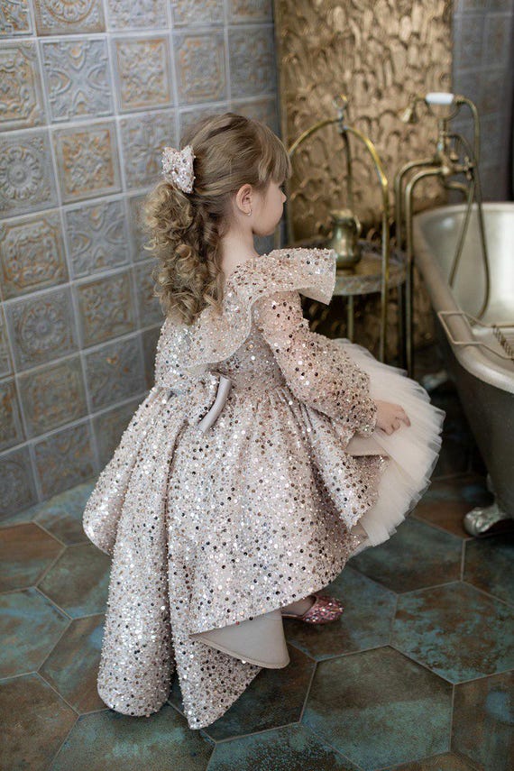 Gold Sparkling Train Baby Girl Dress | Beige Birthday Tutu Sequin Pageant Dress | Fancy Toddler Dress for First Birthday