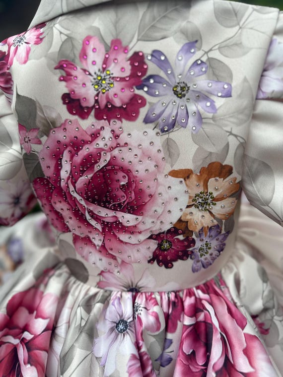 Vestido de cumpleaños de niña con tutú de flores de satén, vestido