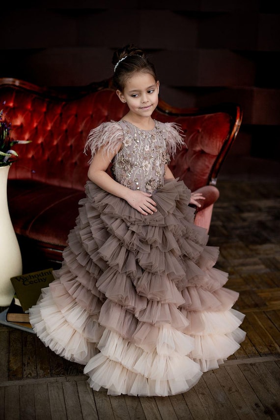 young girl's long brown dress flowers short ruffled sleeves Ombre Flower Girl Dress, Birthday Baby Girl Dress, Princess Dress, Fancy Girl Dress, Wedding Baby Dress, Toddler Pageant 24 Months) Toddler Kids