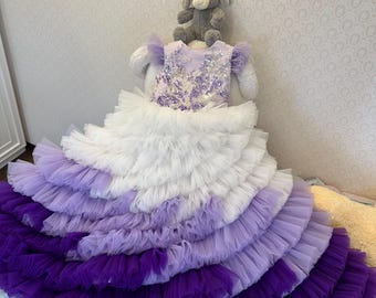 lilac Ombre Tulle Birthday Girl dress, Pageant Dress, Princess dress, Event Girl Dress, Lace Dress, Long Girl Dress. Prom Dress Ball Gown