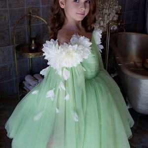 Green Flower Fancy Girl Dress Birthday, Wedding Baby Dress, Communion Dress, Toddler Birthday Party, Baby Girl Dress, Flower Girl Dress