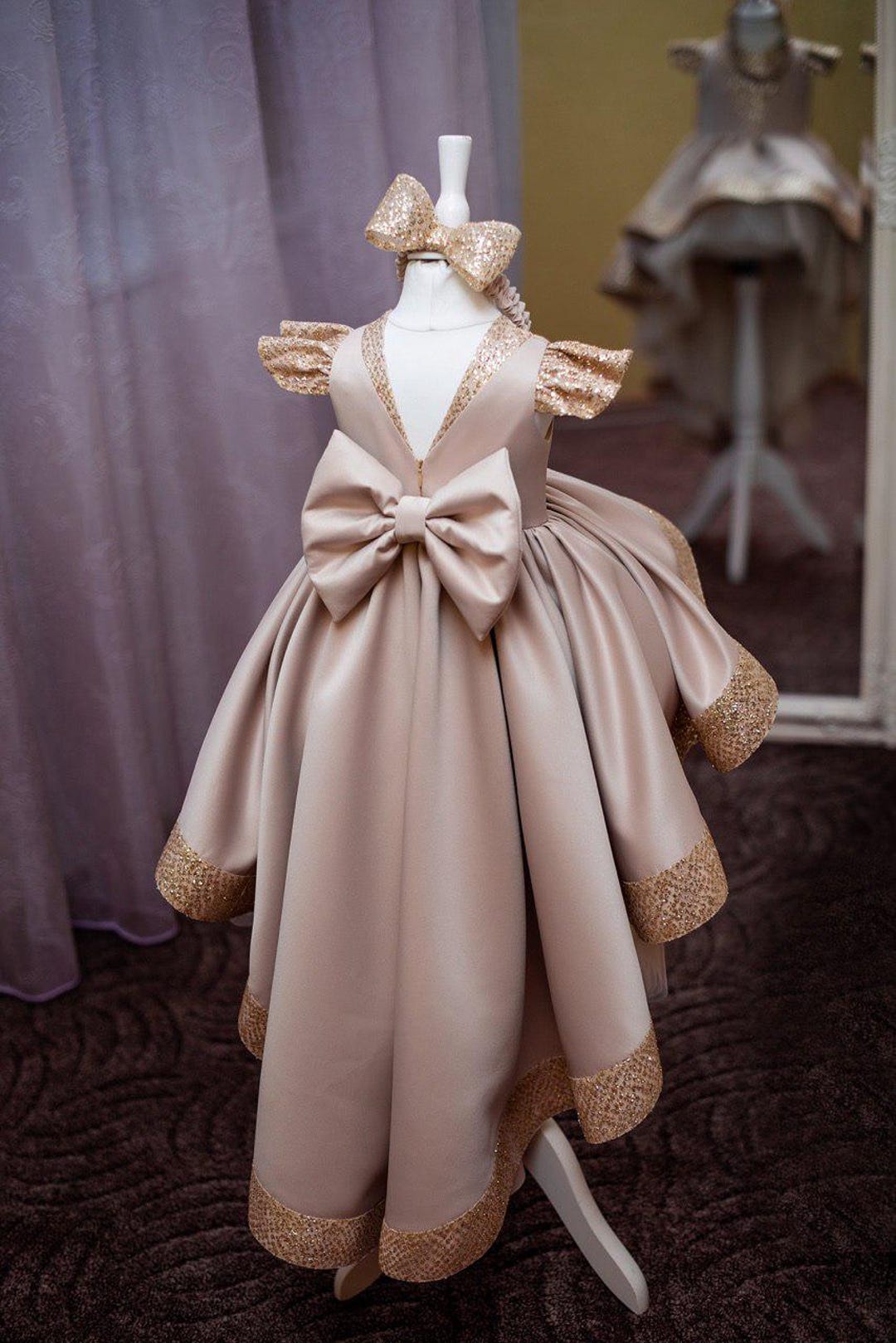 Beige Satin Train Baby Dress for Pageants & First Birthdays | Toddler ...