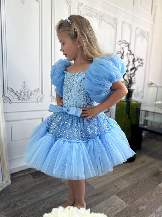 blue sequin tulle dress Dusty Blue Sequin Dress with Strapless Bodice and Overskirt  Strapless Glitter Dress with Tulle Plus Size Size 6 / Blue
