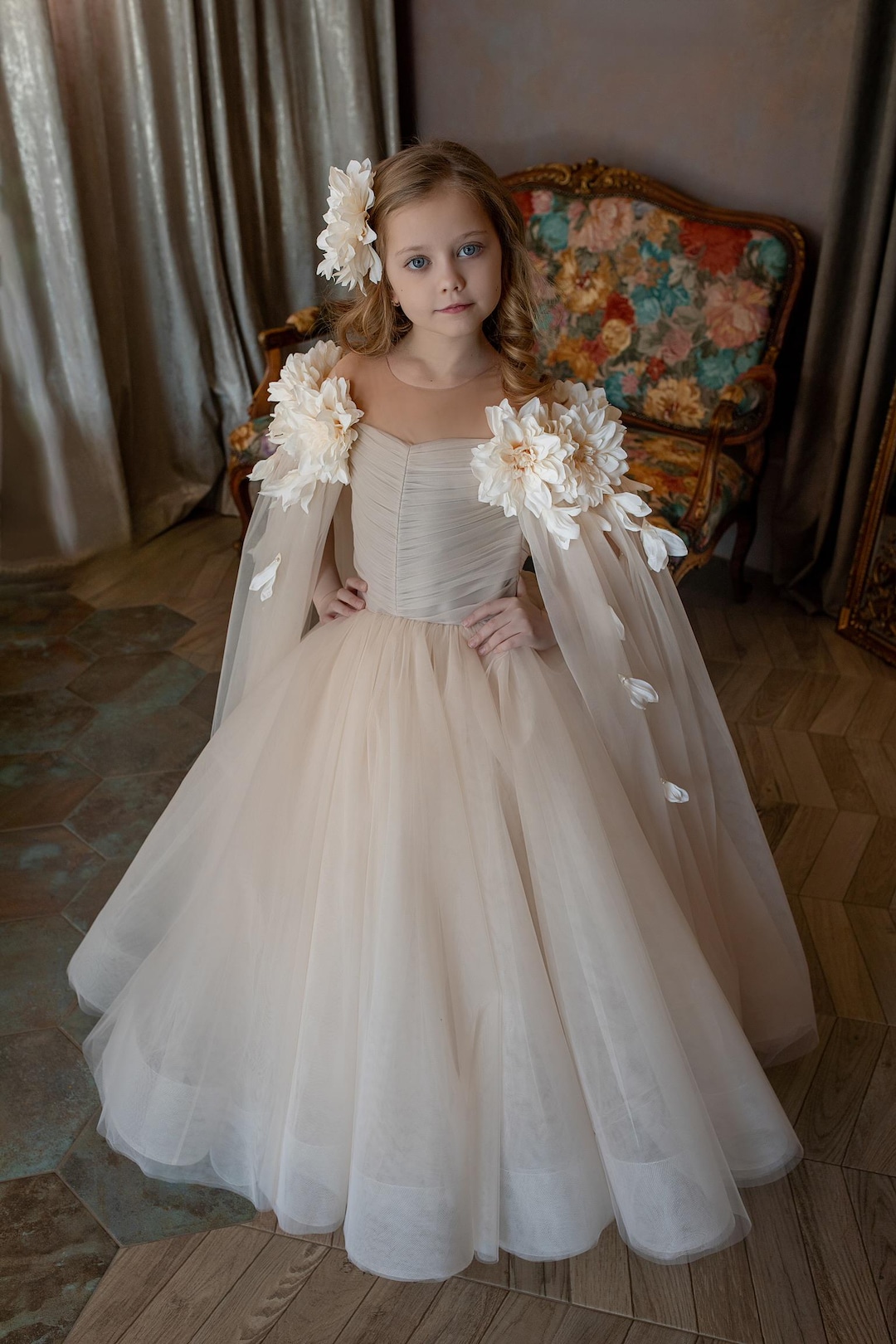 Beige Tulle Flower Long Girl Dress, First Communion, Wedding Baby Dress. Prom Dress Ball Gown. Princess Dress. Baptism Dress, Flower Girl