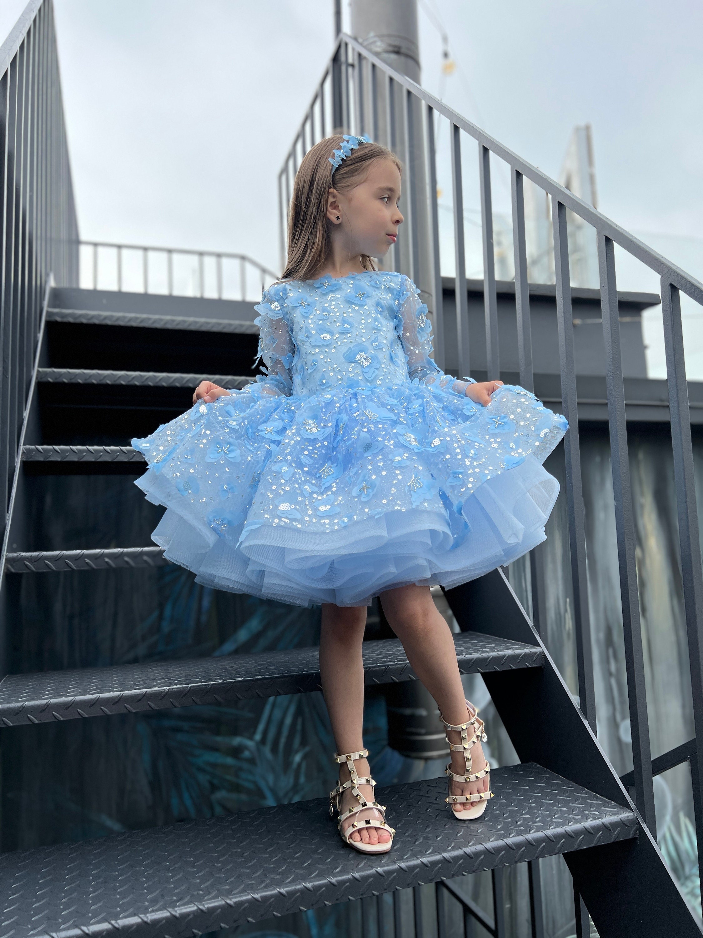 Blue Baby Girl Butterfly Dress - Toddler Pageant. Flower Girl Tutu Dress
