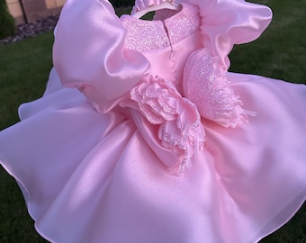 Vestido de tutú de mariposa rosa: vestido de primer cumpleaños para niñas, vestido abullonado para niñas pequeñas, estilo desfile y princesa.
